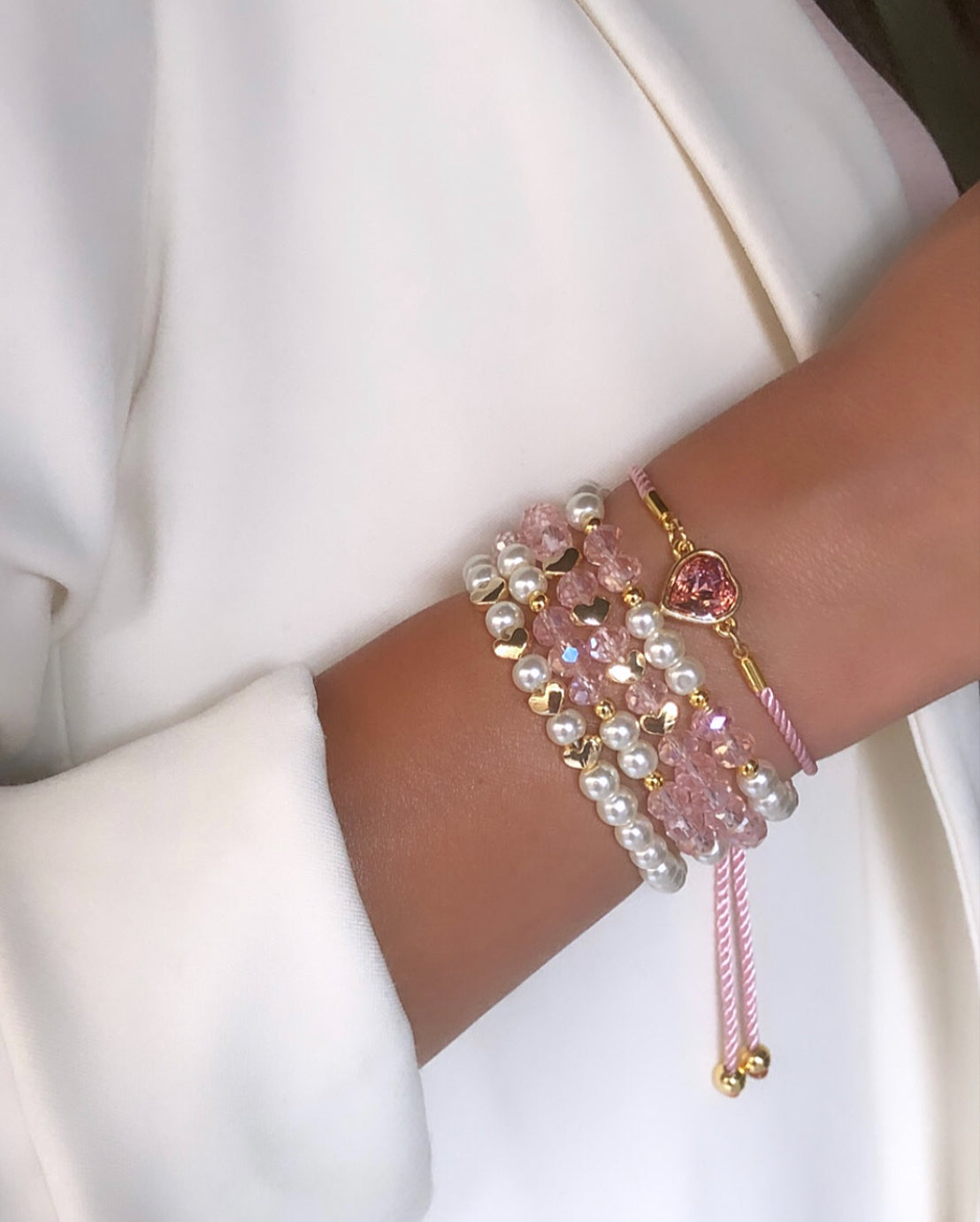 Crystal Pink & Pearl Bracelet Set