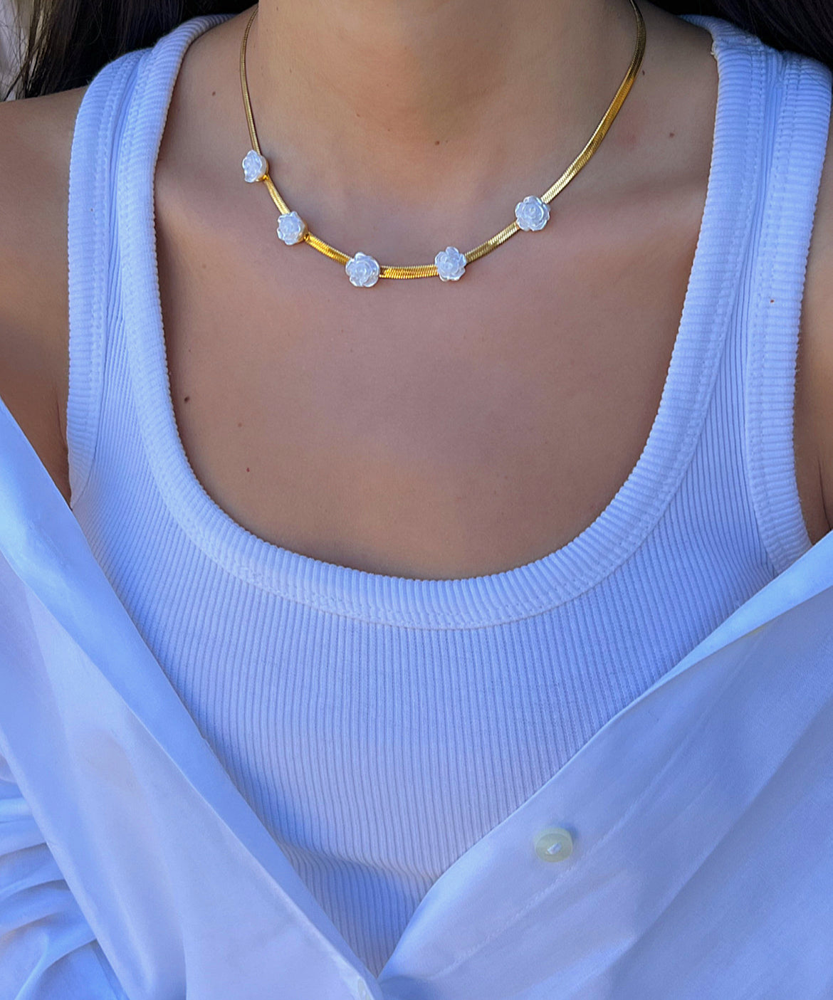 White Flower Charm Snake Chain Necklace