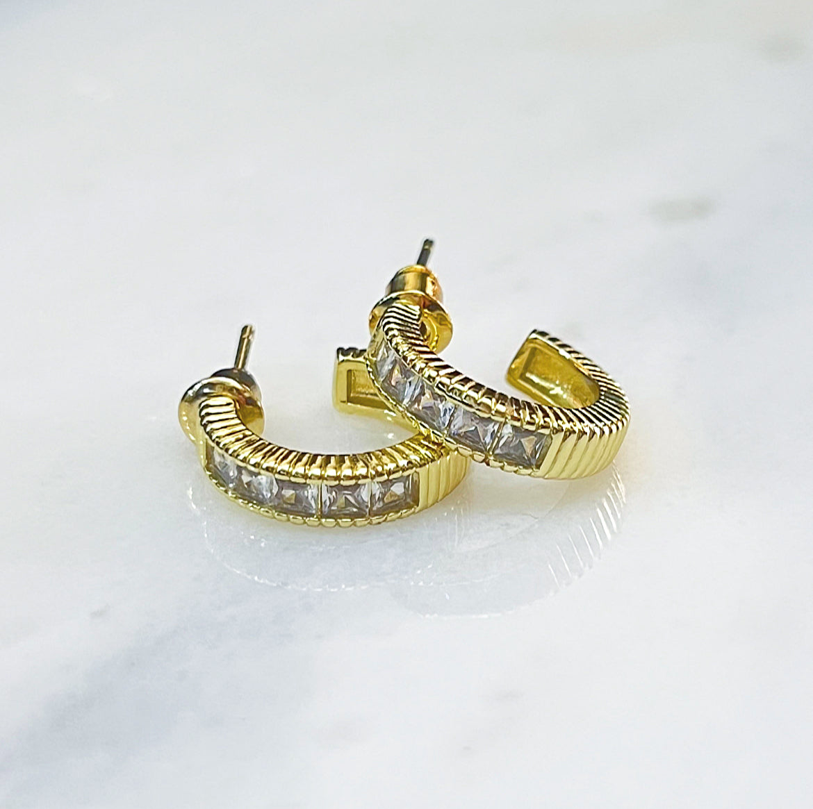 Ribbed Zirconia Half Hoop Earrings