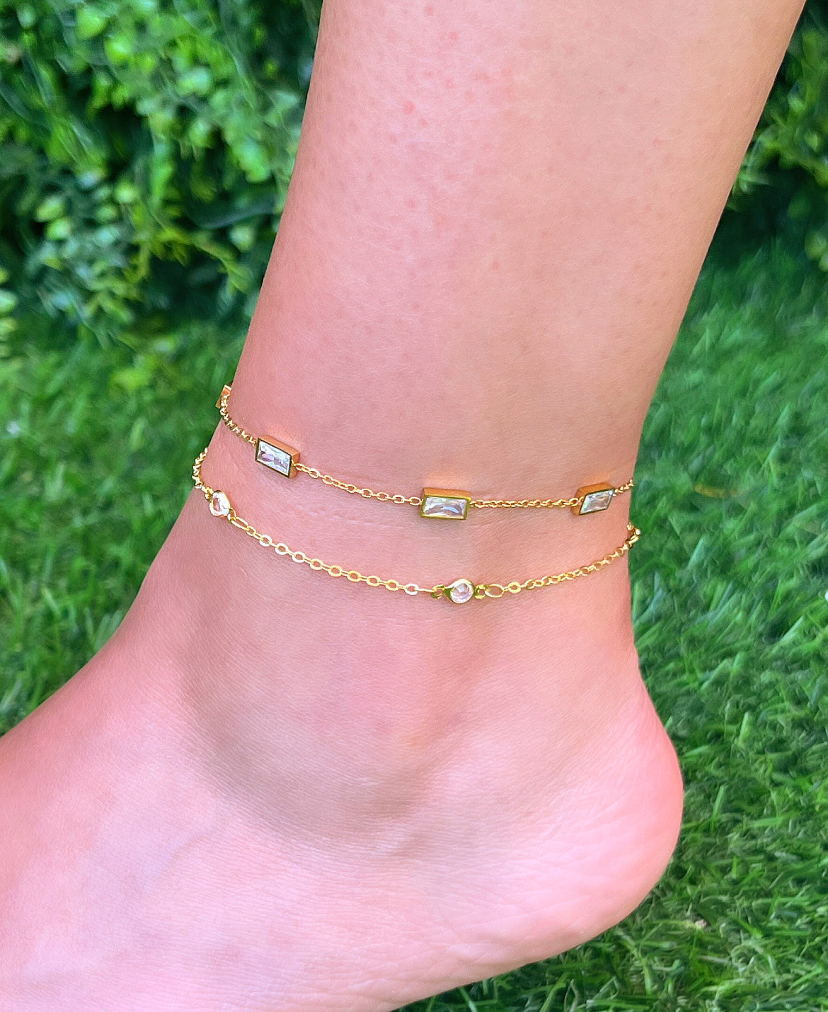 White Rectangle & Round Stone Chain Anklets