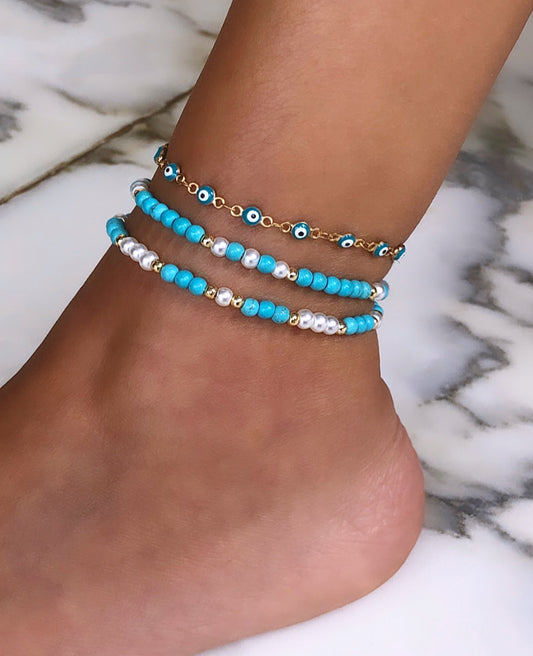 Pearl & Blue Turquoise Anklet Set