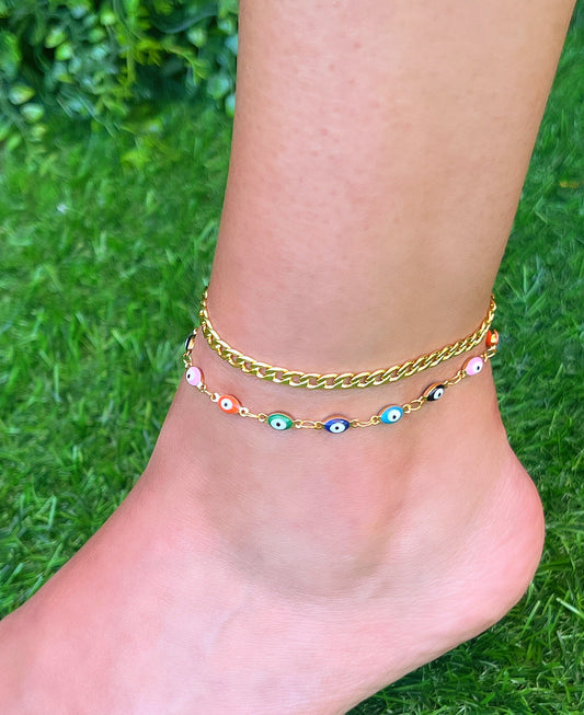 Multicolored Evil Eye & Cuban Link Anklet Set